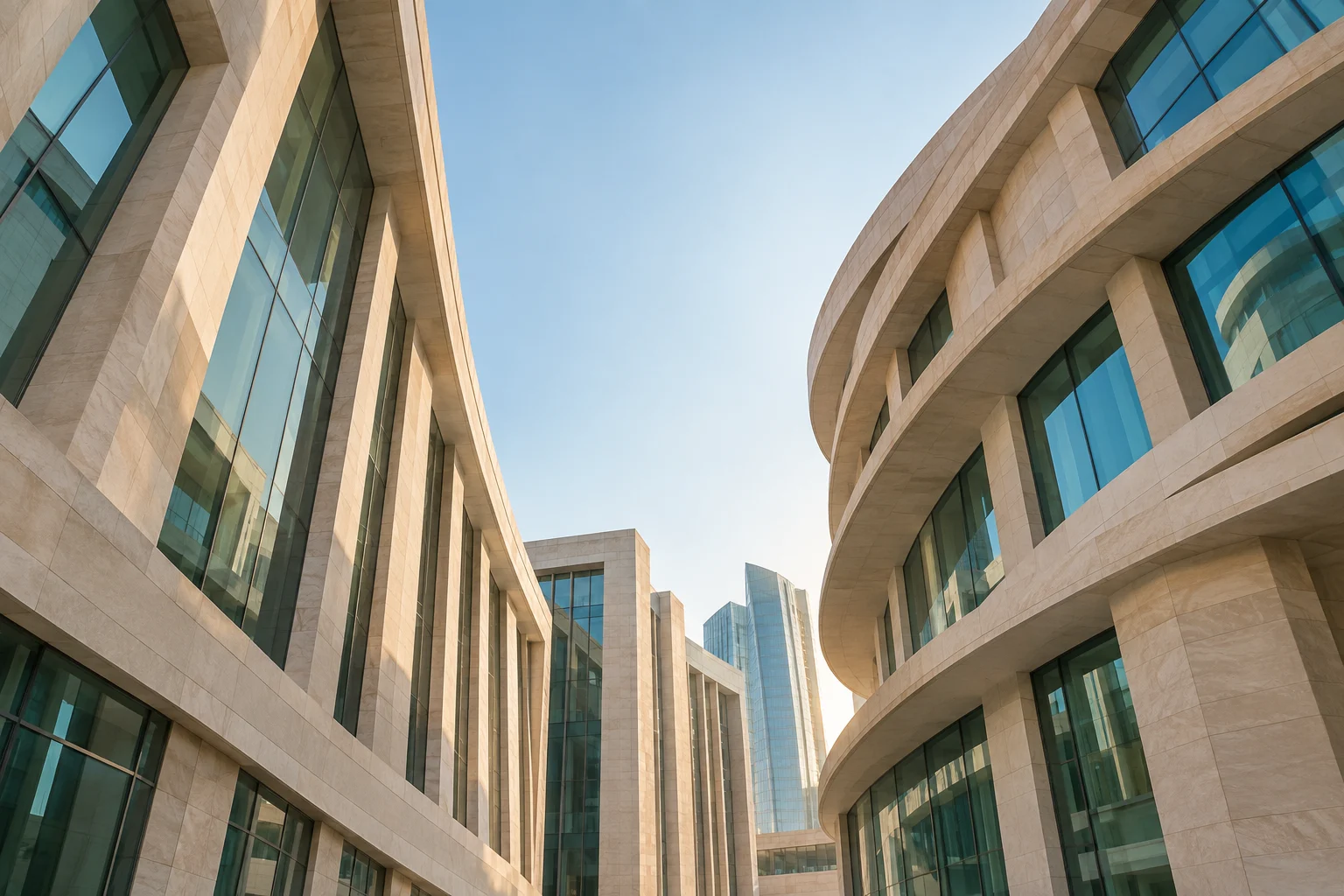 Curved limestone and glass facades framing an open sky