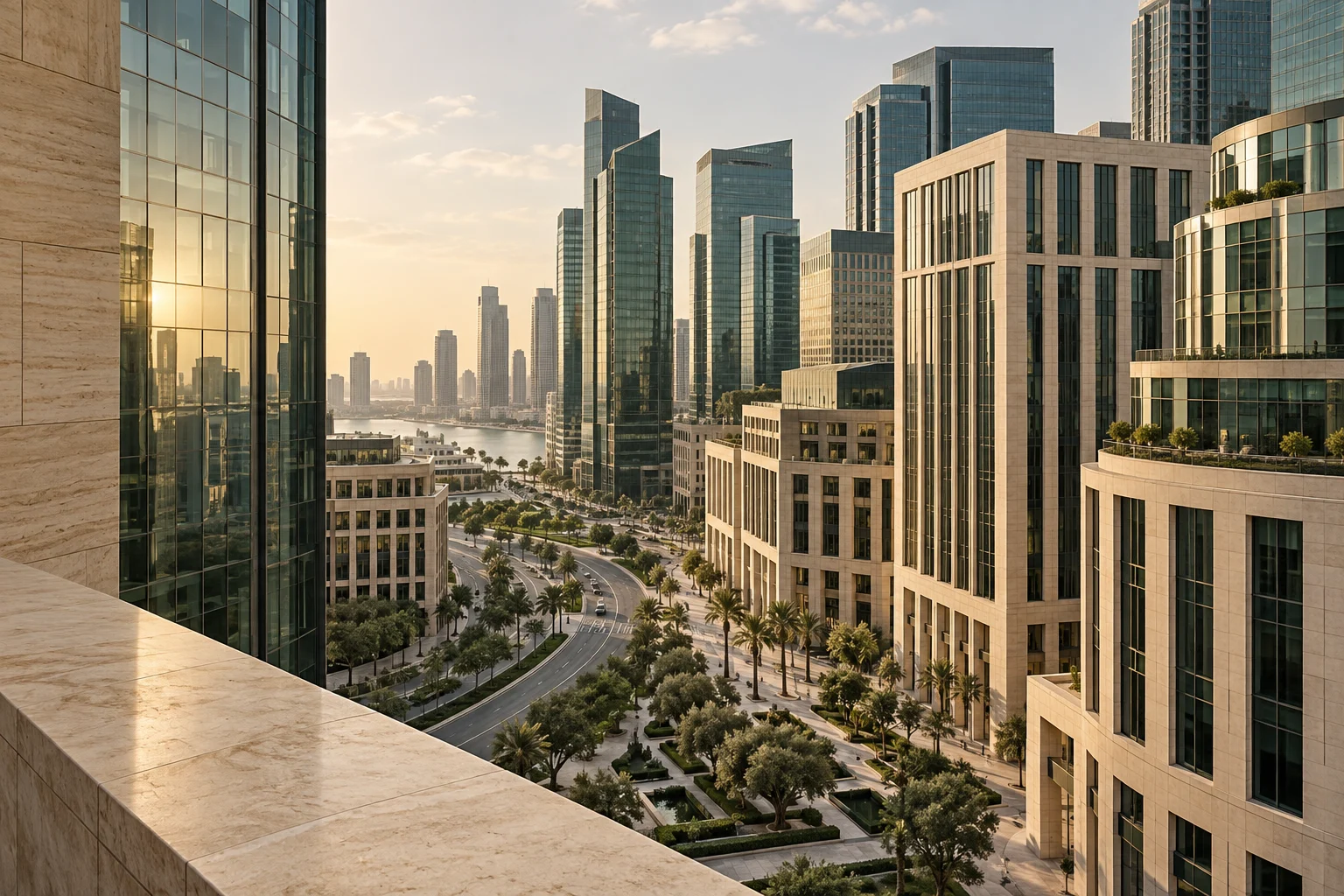 Contemporary financial district with green glass towers and limestone buildings in warm afternoon light